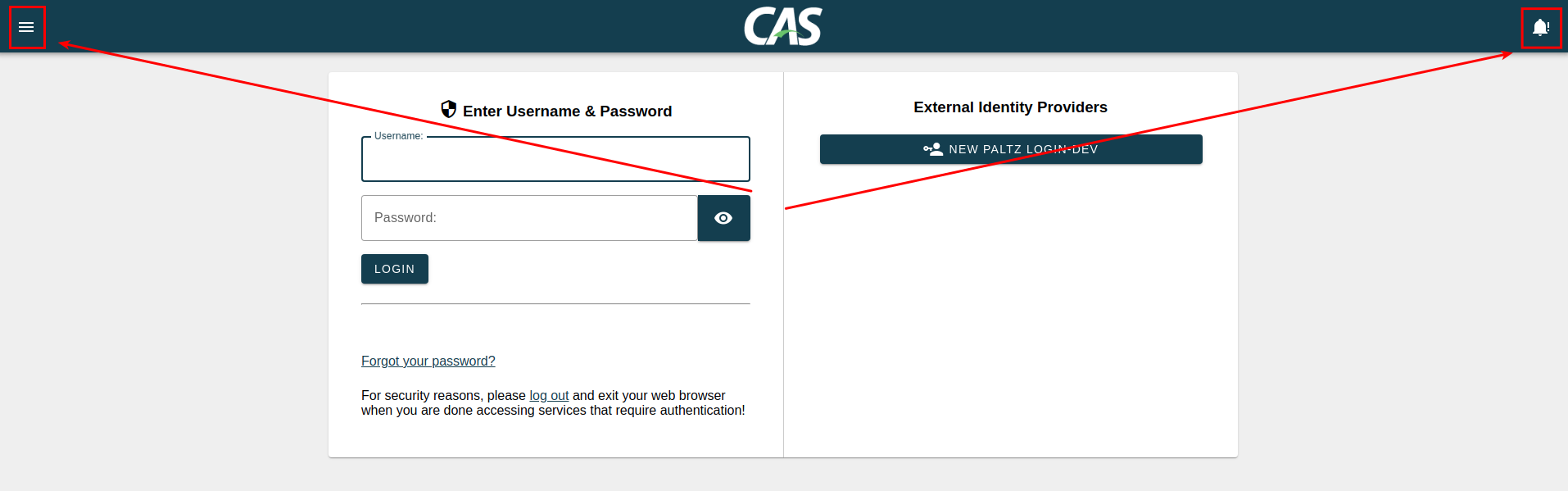 Screenshot showing the default CAS theme with the drawer and notifications buttons which are NOT in the new theme.