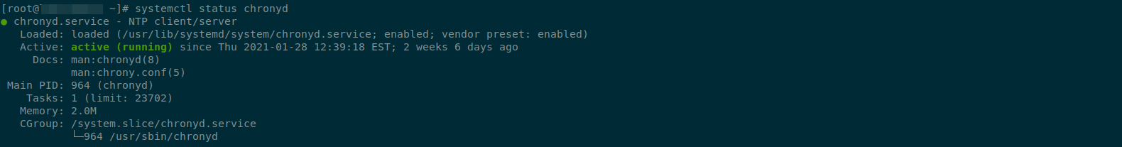 Screenshot showing output of systemctl status chronyd where the service is running