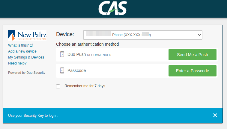 Screenshot of Duo prompt with push, passcode, and security key options