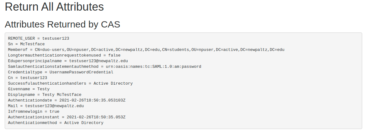 Screenshot showing output of return all attributes test