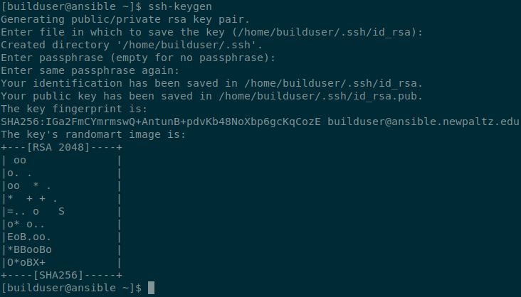 Screenshot showing ssh public key generation.  Command used is ssh-keygen with no arguments.  All options are the default.